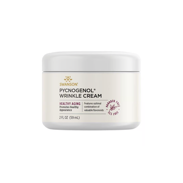 Swanson Pycnogenol Wrinkle Cream, in a 59 ml white jar, is paraben free and promotes healthy aging with advanced skin hydration.